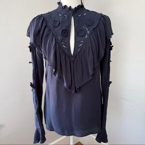 See By Chloé Ink Navy Ruffled Embroidered Romantic Blouse EU Size 34 / XS